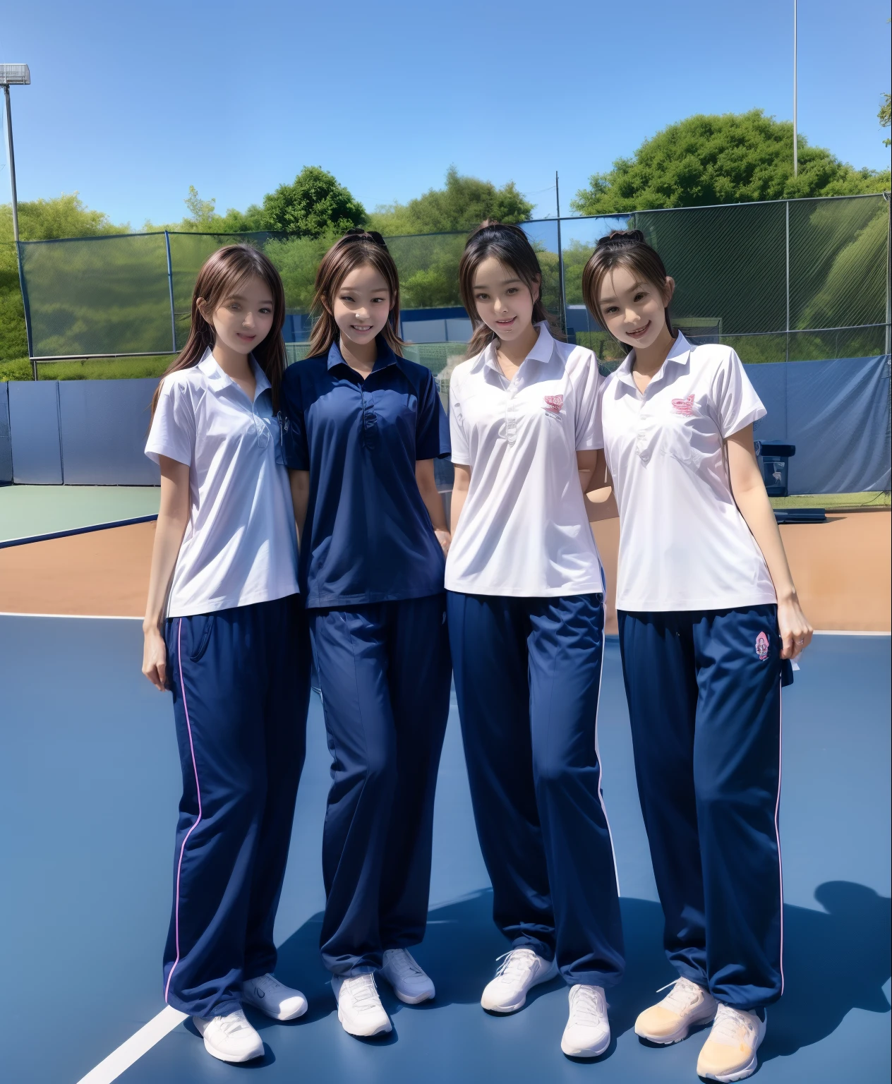 3 girls play tennis at tennis courts, Navy blue short-sleeved shirt,Navy Long Trackpant,Sweatpants, Sweatpantsขายาว,25 year old girl, lesbian, sexy, exercise clothes, wet body, exercise clothes