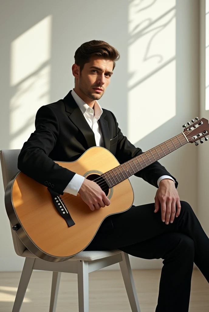 "an elegant man, black and white dress, Sitting in a white chair in a minimalist room. He has an acoustic guitar resting on his left knee. Soft natural light from a window, creating soft shadows. intense facial expression, stare. Detail in the fabric texture, the hair and the wood of the guitar. High resolution photographic style, focus on the face and hands."