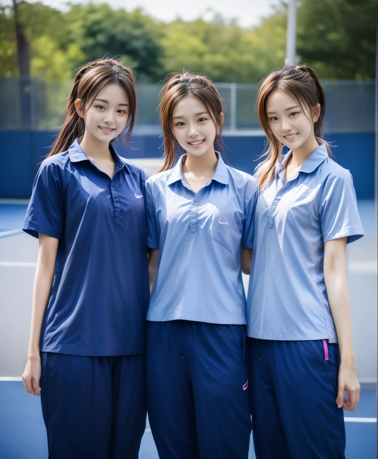 3 girls play tennis at tennis courts, Navy blue short-sleeved shirt,Navy Long Trackpant,Sweatpants, Sweatpantsขายาว,25 year old girl, lesbian, sexy, exercise clothes, wet body, exercise clothes