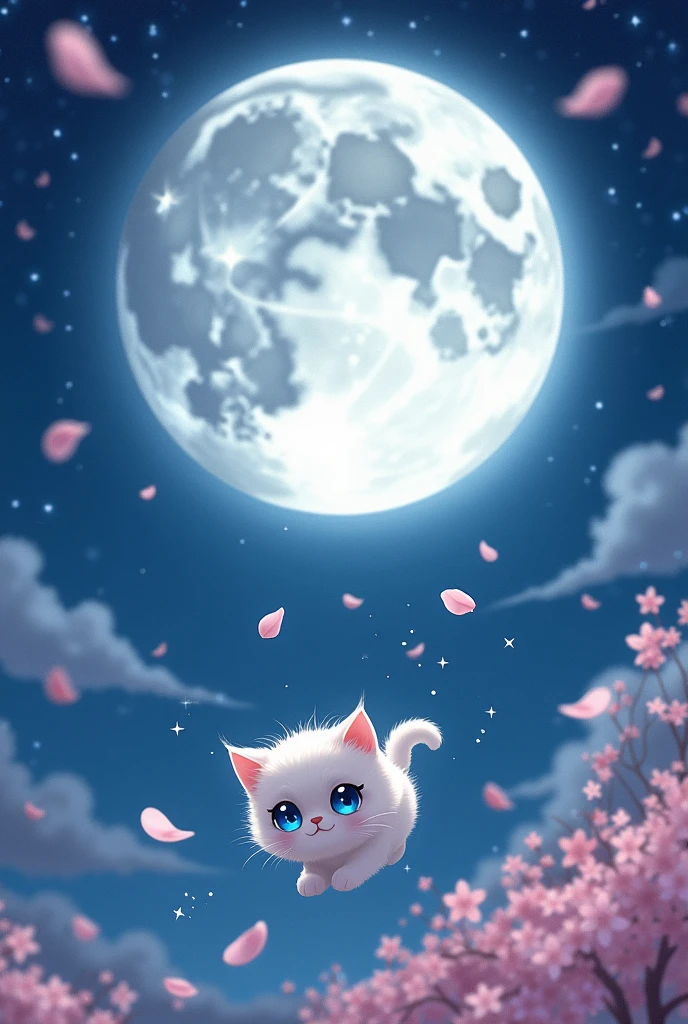 Anime-style drawing of a beautiful moon with a cute animal 