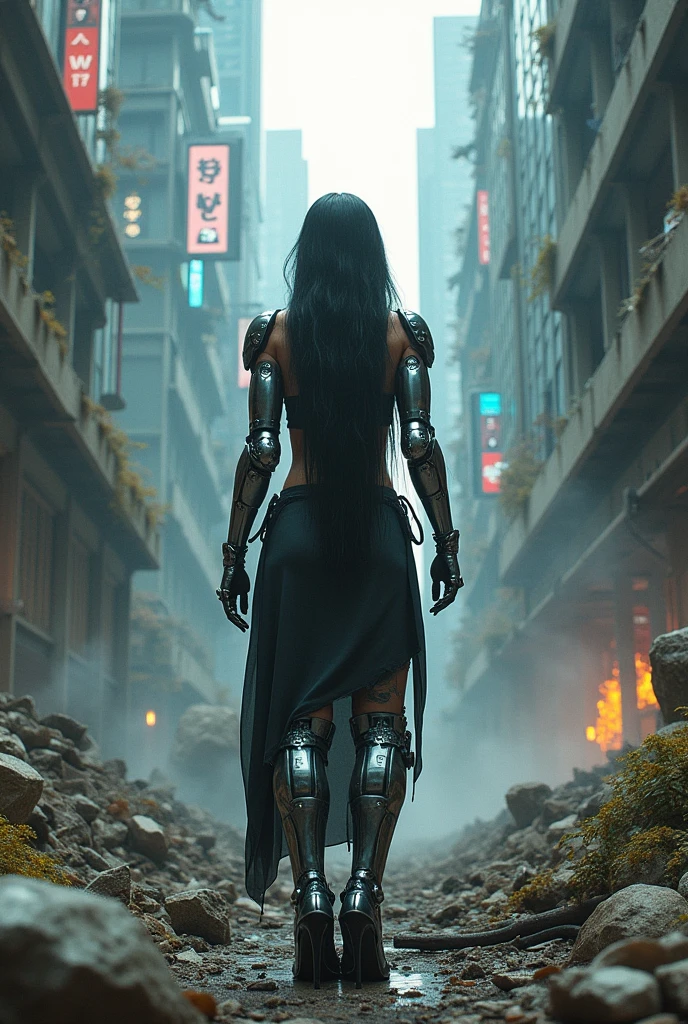 Create an image of a woman with black hair, robotic arms and legs, and a futuristic semi-destroyed city background.