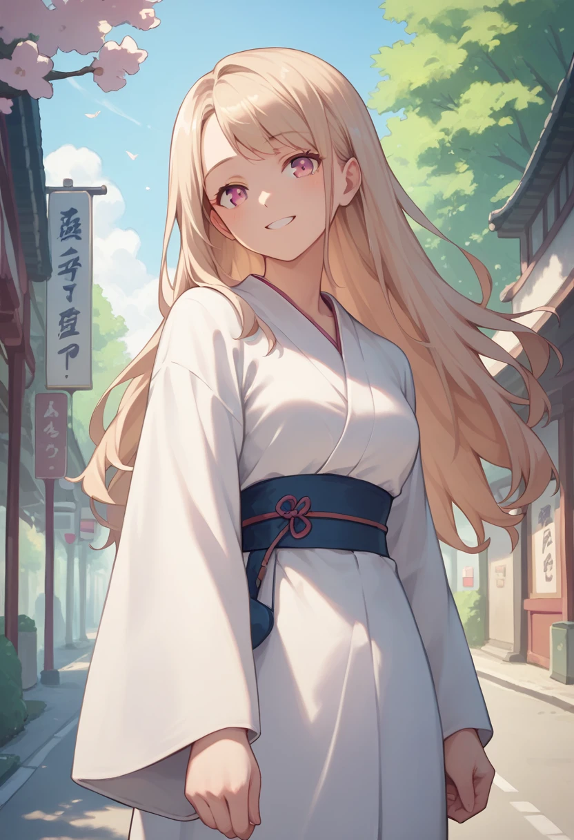 (masterpiece:1.2, Highest quality),(Anime Style), beautiful girl,low length,smile,Beige hair,Pink eyes,Long Hair,White kimono,Tree-lined street