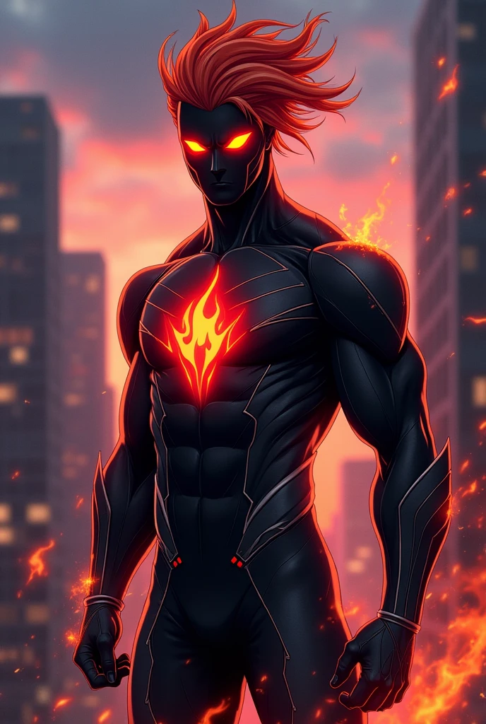 Make me a superhero whose suit is black with gray, that has a red flame emblem, that his suit has bright fire details and that only his eyes are covered in anime version and that his hair is visible