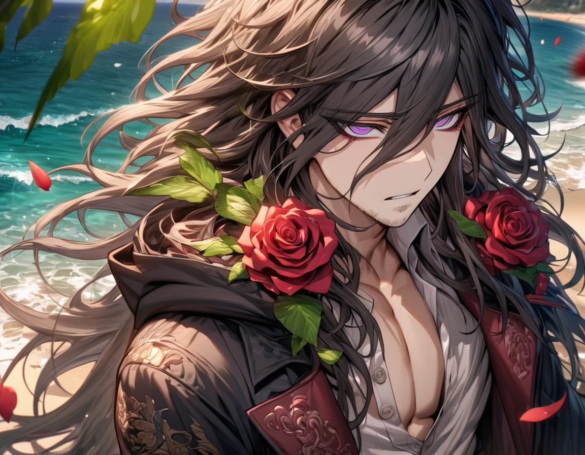 Ultra detailed, HDR, Highres, absurdres, master piece, Towa Haiji, disheveled black hair, long hair, expressive lavender eyes, hair between the eyes, faint stubble, buttoned-up shirt adorned with a detailed red rose pattern, a heavy black hooded jacket with beige fur trimming, Danganronpa, sexy man, handsome, flowers, petals, fantasy, magical, green leaves, handsome, best quality, glittering, sensual, horny, water, beach, solo,