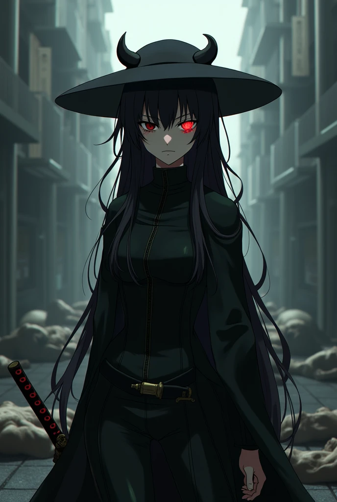 " anime character with a dark, gothic style. The character wears a black wide-brimmed hat with small horns, has long black hair with a slightly messy texture, and is dressed in a sleek, black outfit with a high-collared cloak. They carry a katana at their side, and have a serious expression on their face. The background is a dark, futuristic cityscape with muted tones, adding to the character's mysterious and intense vibe. Lighting is soft and diffused, enhancing the dark and moody atmosphere while She's injured and with only having one arm and one eye and a background of dead bodys while she bleeds from her right Lost eye and one shines in and her left arm is gone whole it bleeds jujutsu kaisen style."