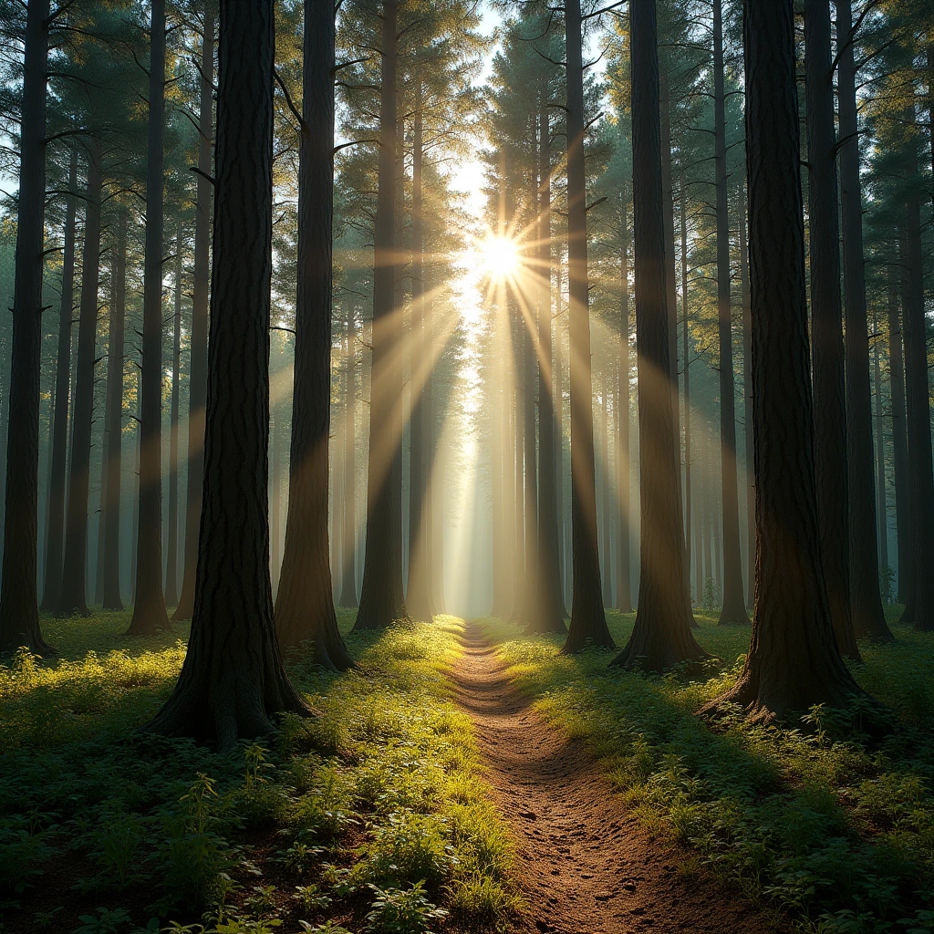 Beautiful cedar forest　Sunlight filtering through the trees