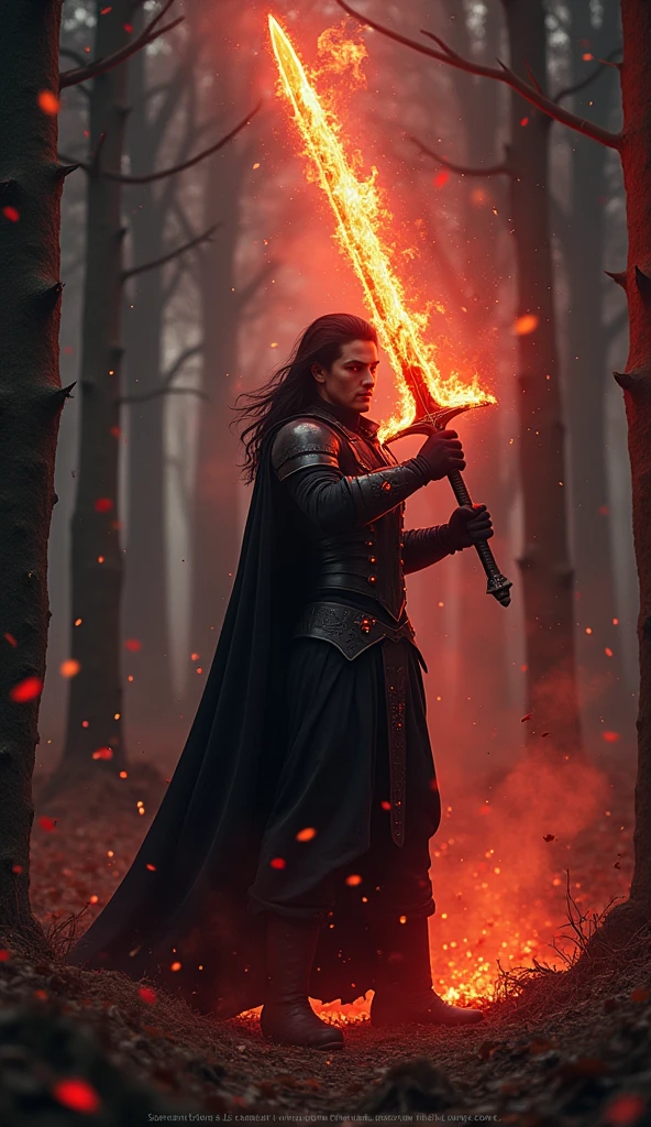 In the ancient forest, Varys stands, slicing through the silence. His black armor absorbs the light in the darkness, and the blood-red gems shine eerily. Varys' eyes shine sharply as the wind sways his long black hair and the forest leaves rustle. In his hand is the "Blaze Fang", a sword wrapped in the aura of a fiery wolf, distorting the surrounding air with heat.
Varys slowly raises his sword and swings it down with all his might. At that moment, the flames released from the sword dye the forest red, and the surroundings become silent as if time had stopped. The blade is heavy and surely cuts through the earth, carving it deep into the ground of the ancient forest. In the aftermath of the blow, the surrounding trees sway, and the ancient spirits fall silent in fear of his power.
After swinging his sword down, the aura of fire slowly fades away, and Varys stands in silence again. There is a spark of determination in his eyes, and the entire forest seems to recognize and stand in awe of his power.