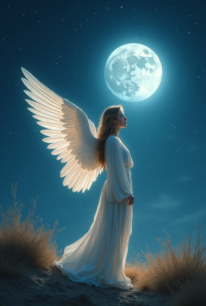 An alone angel with background moon drawing