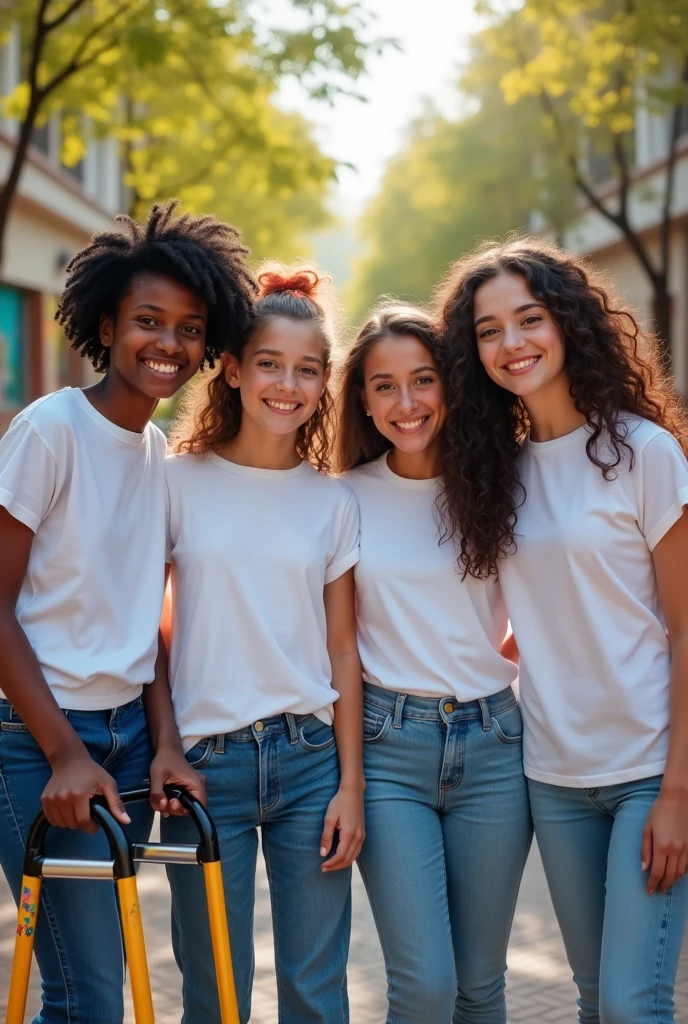 Four best Brazilian friends, one next to the other, one is black has short curly hair that is down, uses a walker for people with cerebral palsy, has dark brown eyes and is cross-eyed, the other is white has light brown hair with a little bit of red, her hair is tied up in a ponytail, she has medium length hair, wavy and has dark brown eyes too and is cross-eyed, the other one is also white, she has black hair, light brown eyes, o cabelo longo está preso em um rabo de cavalo e tem cabelo curly e a última também é branca tem cabelo longo, curly, black that gets lighter and ends up brown, dark brown eyes and her hair is down, they are all wearing a school uniform, the shirt is white and the pants are jeans, the background is a schoolyard, They are all girls and have .