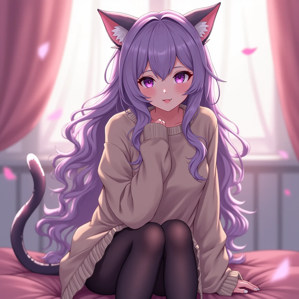 masterpiece, best quality, 1girl, ((looking at viewer)), lilac hair, purple eyes, long hair,  ahoge, sweater, sweater skirt, pantyhose, 163cm, hair between eyes, large breasts, adult, 33 years old, mature, glasses, solo, sole, smile, cat ears, cat tail, fang, catgirl, animal ears