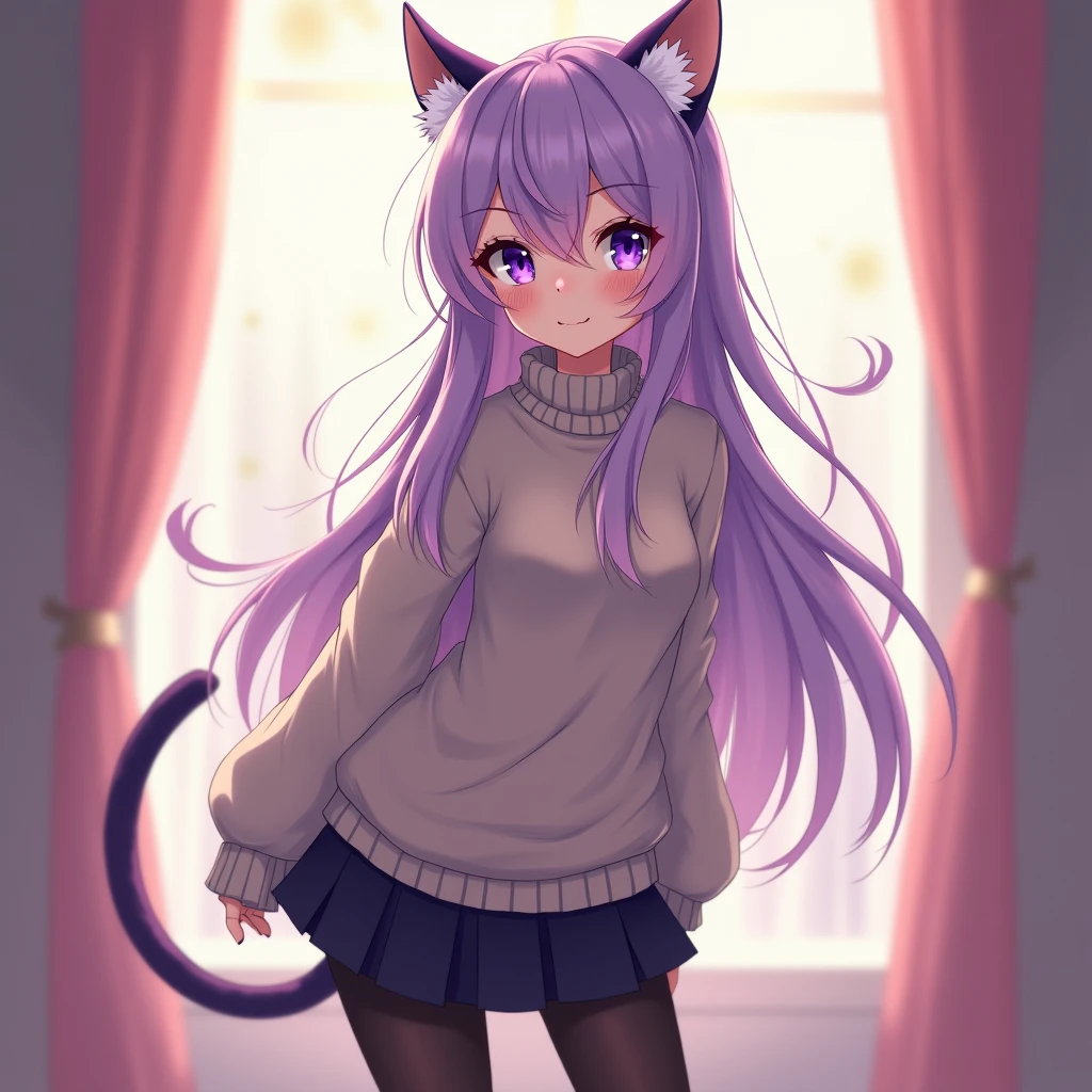 masterpiece, best quality, 1girl, ((looking at viewer)), lilac hair, purple eyes, long hair, ahoge, sweater, sweater skirt, pantyhose, 163cm, hair between eyes, large breasts, adult, 33 years old, mature, glasses, solo, sole, smile, cat ears, cat tail, fang, catgirl, animal ears