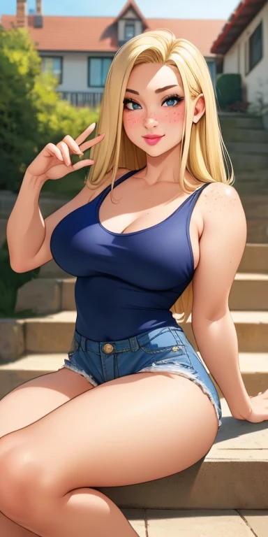 Beautiful round medium breasts, 1girl, ((Blonder hair, Beautiful straight hair, Hair parted on the right side)) ((Girl, cute girl face)) light azuis eyes, has an beautiful sensual body with freckles, with full breasts and thin waist, HIP HOP Beautiful and cute Denim shorts, tank top with short sleeves, tight, fabric delicate, has a bold appearance. young, quality, realistic, best quality, cute expression, pink lipstick lips, Cute smile, Sitting on the stairs, beautiful house in the background