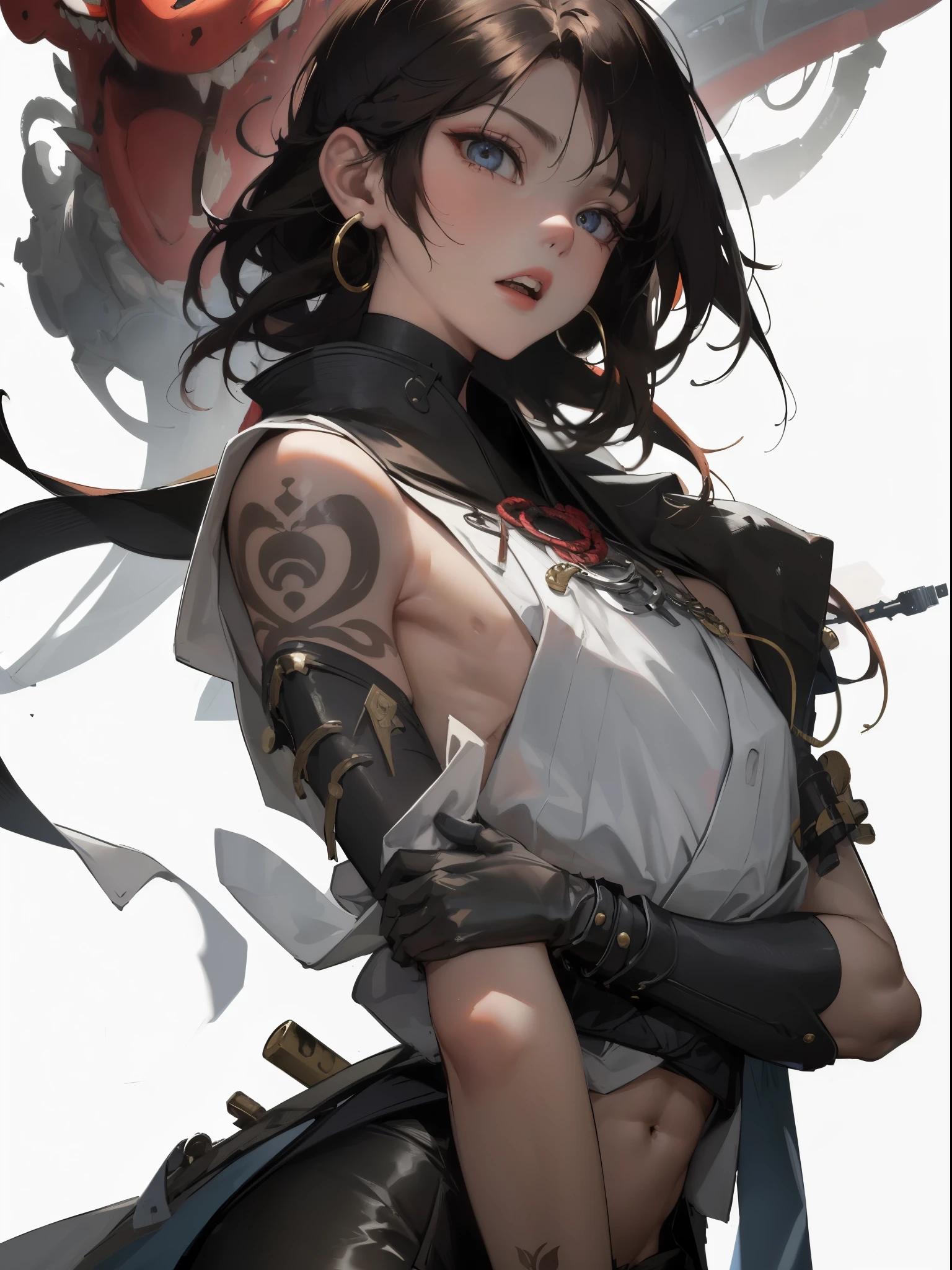 (((mtu))), (((best qualityer))), (((tmasterpiece))), (((AS-Adult))), ((( Japanese ))), Look up from your knees, Handsome Asian samurai,perfect body figure, Modern samurai, ((( Asian))), Wear gloves on your hands,The left arm is made of steel and metal tips,Made of protective devices, The eyes are pulled, (( Appears below the chest )), (( Small dental floss )), Simon Bisley, Almost naked(Simon Bisley)Castle City Wilderness,For high-resolution posters, hair straight, Minimum clothing, armure (Crazy clothes ), Full of tips and rivets, tribal tattoos, (((full bodyesbian))), Straight brunette hair,Colored hair ends