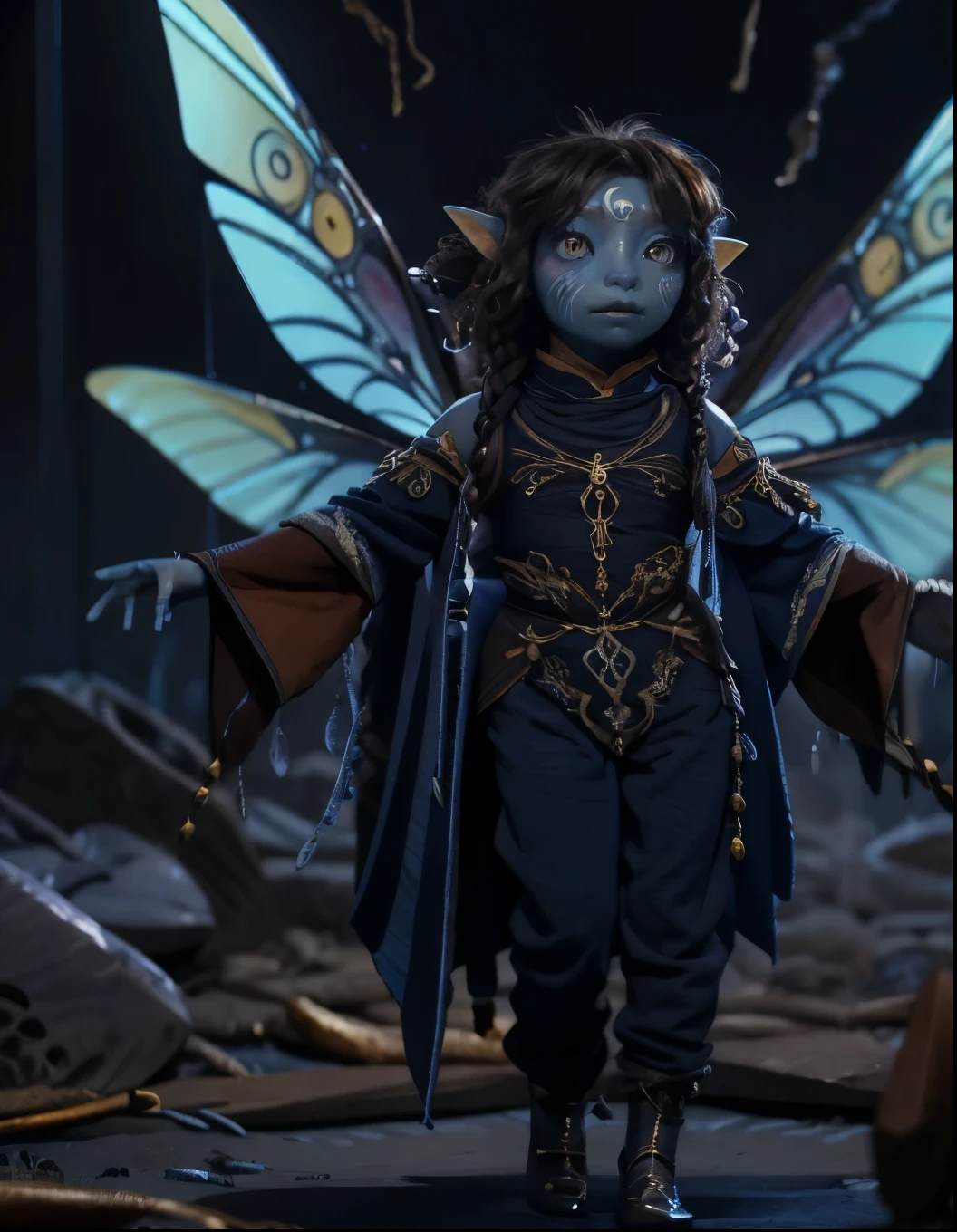 dousan, gelfling, female, dark blue and orange beaded robes decorated with jewels and bones over puffy trousers, short curly hair with long decorated braids, desert, blue skin with lighter blue swirly face paint, big orange eyes, jewelry, insect wings coming from shoulders, full body