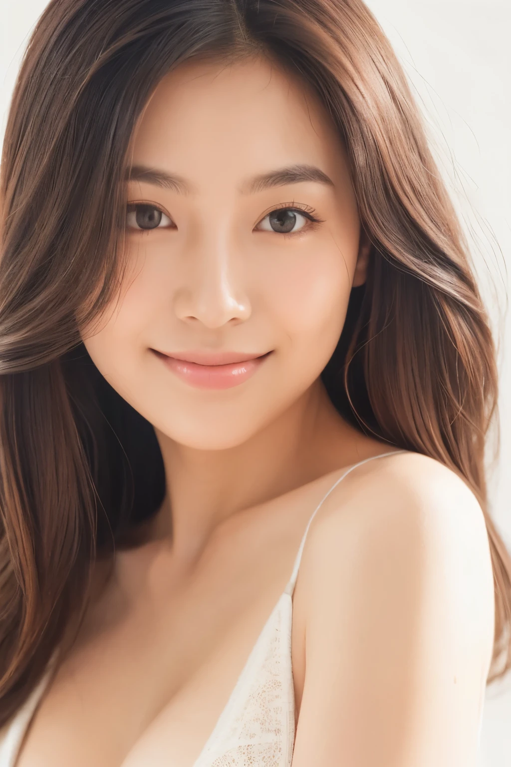 upper body portrait of an Asian woman with white skin, natural makeup, soft lighting. Brown hair lightly tied back. Clear skin, gentle smile, looking directly at camera. Bright white background. High-key photography style.