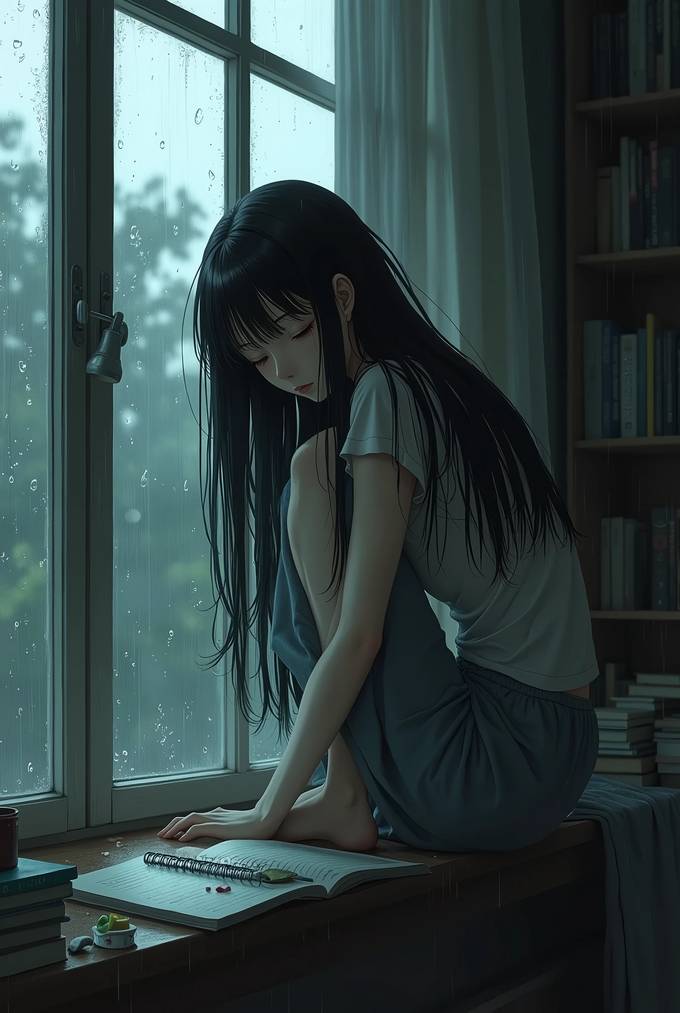 Depressed girl、Black Hair、Japanese