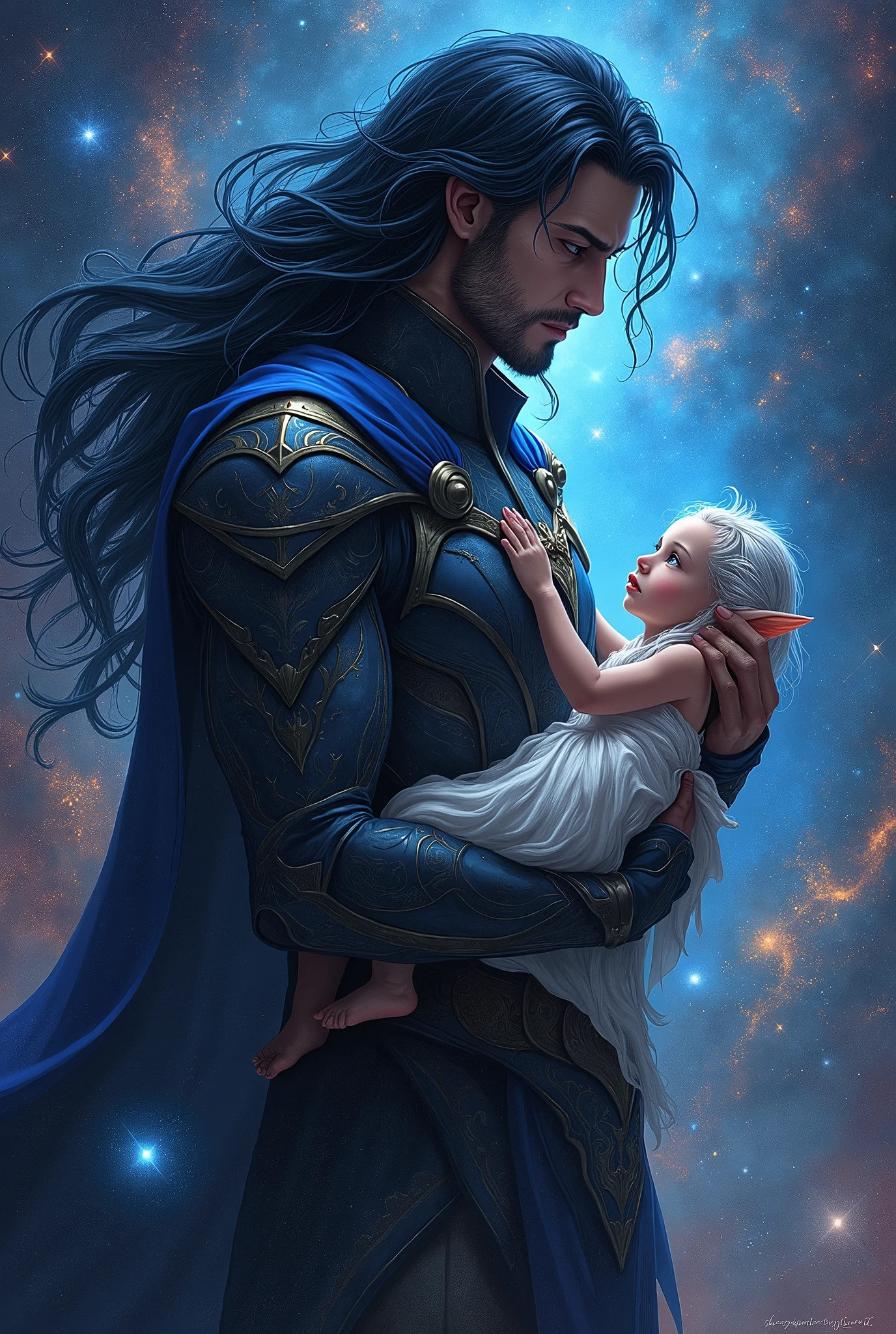 put the name: (The Eminent Divine Spirit), written in the drawing. Create a character, SUPER SERIOUS AND APPARENTLY VERY POWERFUL MALE IN JAPANESE ANIME STYLE. put the name: (The Eminent Divine Spirit), written in the drawing. IN a cosmic environment, long black hair with a cobalt blue streak in one hair, cobalt blue eyes. holding/Hugging a silver-haired elf.