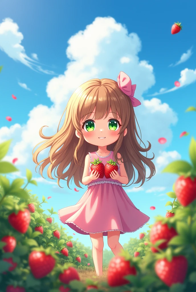 
Anime-style image of a young and adorable girl.. 、naked、

&#39;The hair is long and wavy, Light brown tones, The eyes are large and bright, Emerald green colour、It highlights her sweet and happy expression..  is standing in a garden full of strawberries, Against the blue sky、I see soft clouds, 