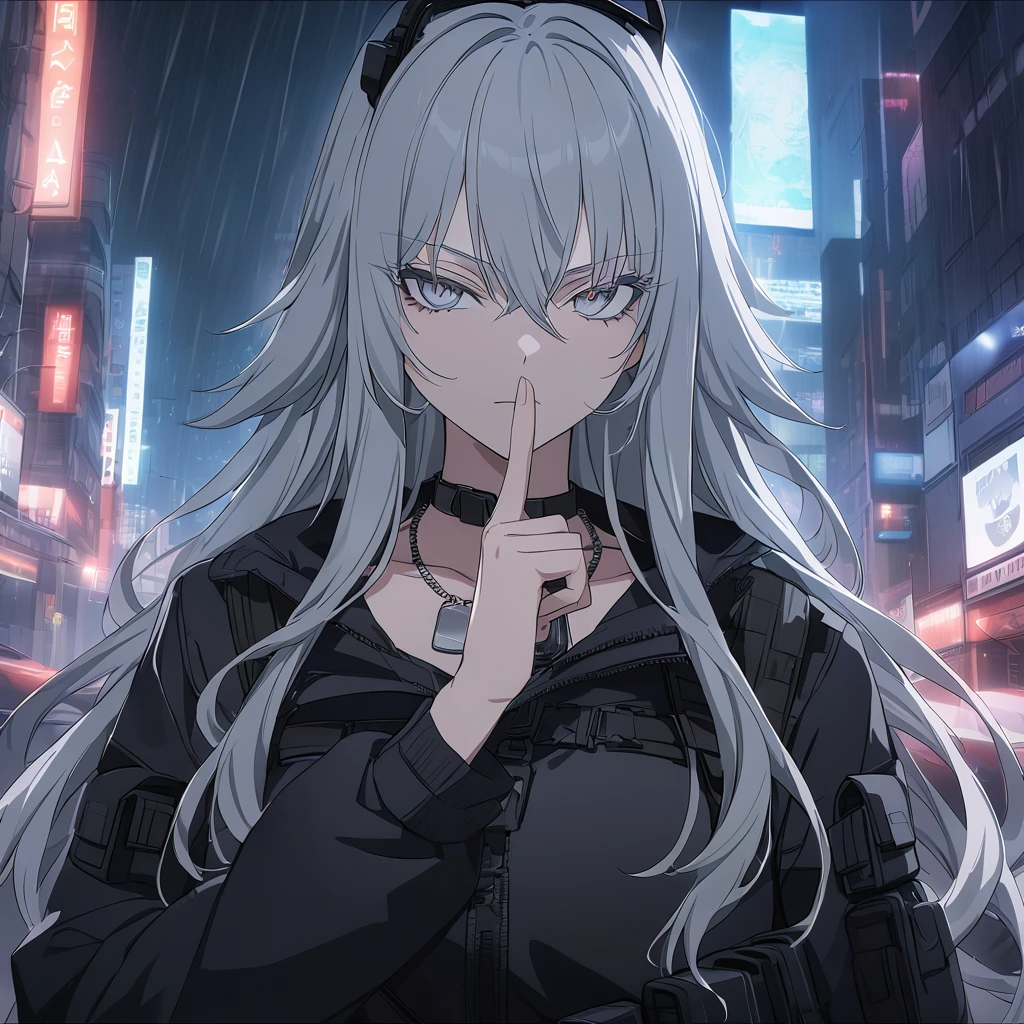 sovetsky_Soyuz, grey hair, long hair, tactical headset, choker, dog tag necklace, tactical, pouches, webbed belt, black tactical jacket, grey eyes, sharp eyes, Long eyelashes, eye shadow, ominous vibe, police operations background, night city, rain, police lights, cars, shadows, smoke, expressionless, stoic, glaring, symmetrical eyes, Ultra quality, UHD, high detail, anime aesthetic, Anime screenshot, Ultra quality, UHD, high detail. Finger over lips, shushing, one red eye glow, face shot, facing camera