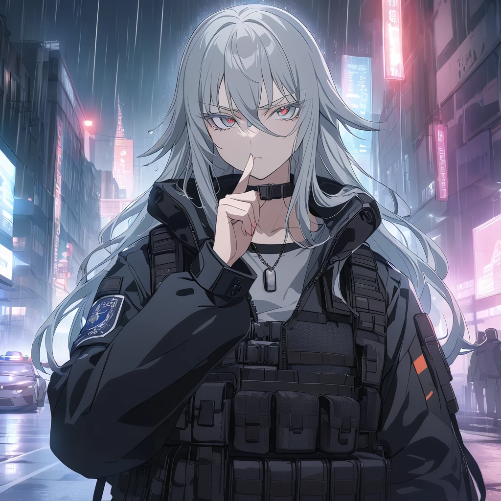 sovetsky_Soyuz, grey hair, long hair, tactical headset, choker, dog tag necklace, tactical, pouches, webbed belt, black tactical jacket, grey eyes, sharp eyes, Long eyelashes, eye shadow, ominous vibe, police operations background, night city, rain, police lights, cars, shadows, smoke, expressionless, stoic, glaring, symmetrical eyes, Ultra quality, UHD, high detail, anime aesthetic, Anime screenshot, Ultra quality, UHD, high detail. Finger over lips, shushing, one red eye glow, face shot, facing camera