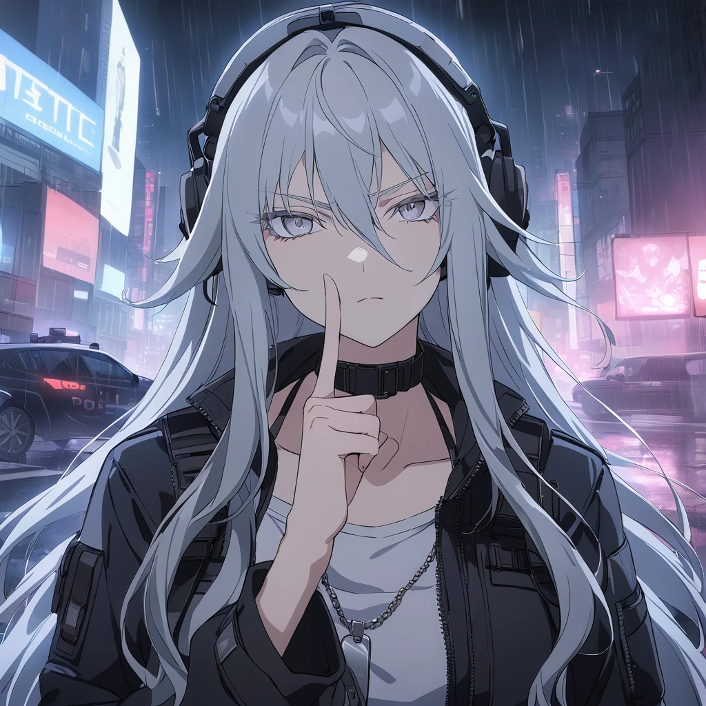 sovetsky_Soyuz, grey hair, long hair, tactical headset, choker, dog tag necklace, tactical, pouches, webbed belt, black tactical jacket, grey eyes, sharp eyes, Long eyelashes, eye shadow, ominous vibe, police operations background, night city, rain, police lights, cars, shadows, smoke, expressionless, stoic, glaring, symmetrical eyes, Ultra quality, UHD, high detail, anime aesthetic, Anime screenshot, Ultra quality, UHD, high detail. Finger over lips, shushing, one red eye glow, face shot, facing camera