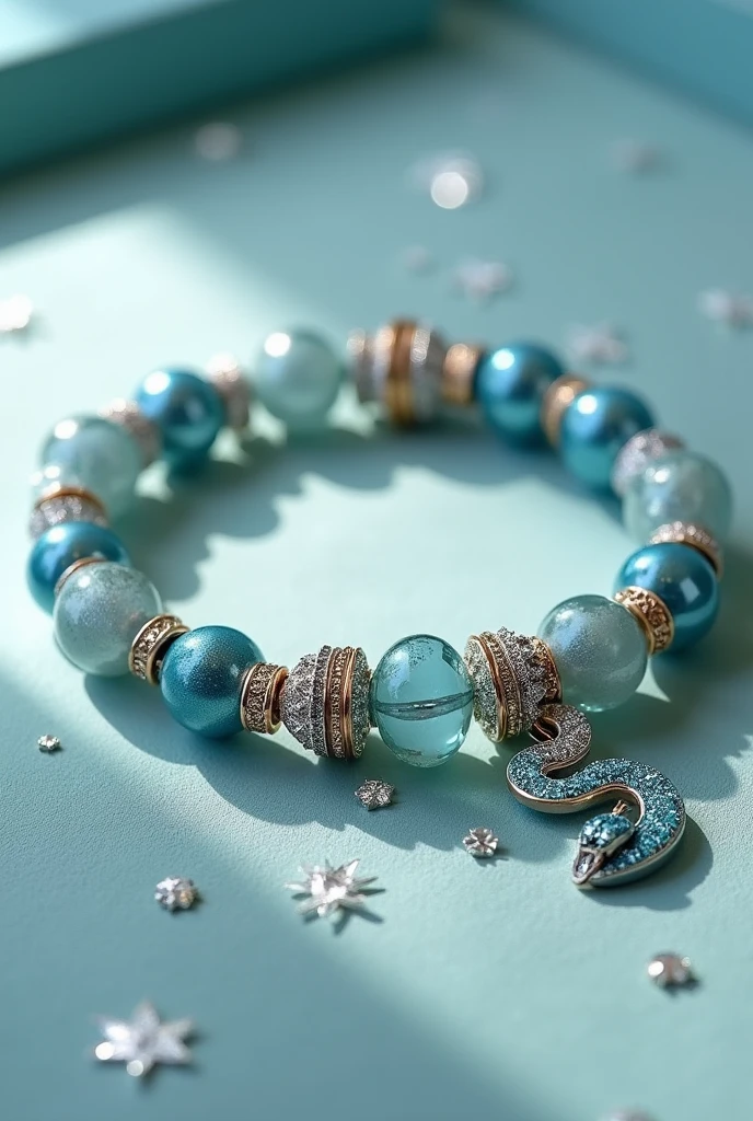 Prada bracelet with a light blue charm, a snake charm and a ♪