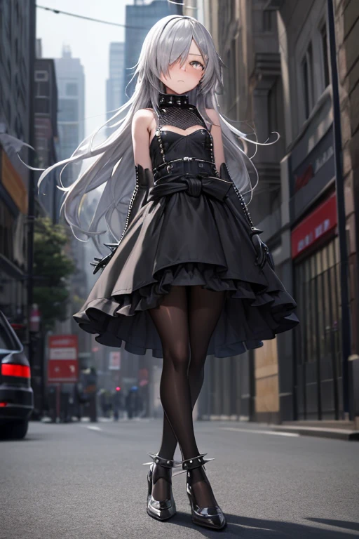 ((best quality)), ((masterpiece)), (detailed), 1 girl, Full body, 18 years old, Depressed face, silver eye, Arms behind waist, Eyes covered, Blushing, Silver hair, long hair, ahoge, Bangs, strand of hair covering her right eye, mask, Full body, very tall, very Small breasts, flat chest, Slim body, Grey hood, Metal spikes, Grey wristbands, Long black gloves with spikes, Grey goth outfit, Gothic lolita, Grey dress with metal spikes, Metal emblem, Tight fitting, Black belt, Metal skin, Black pantyhose, Black shoes, Walking through the city, Metal spikes coming out of the road, City background, Anime