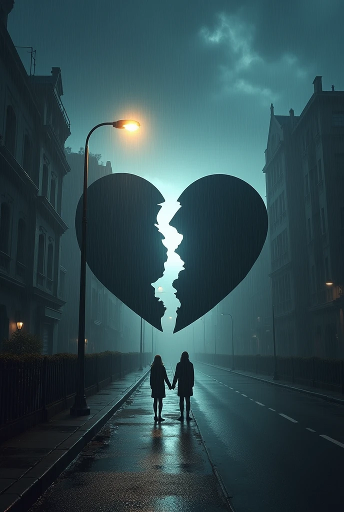 On a rainy, deserted street in the city, a solitary figure stands with a melancholic and somber expression. Beside them, a broken heart image, split into two halves, one side in white and the other in black, symbolizes the feelings of separation and loss. The backdrop features a dark, overcast sky and a stormy atmosphere, amplifying the sense of sorrow and despair."
