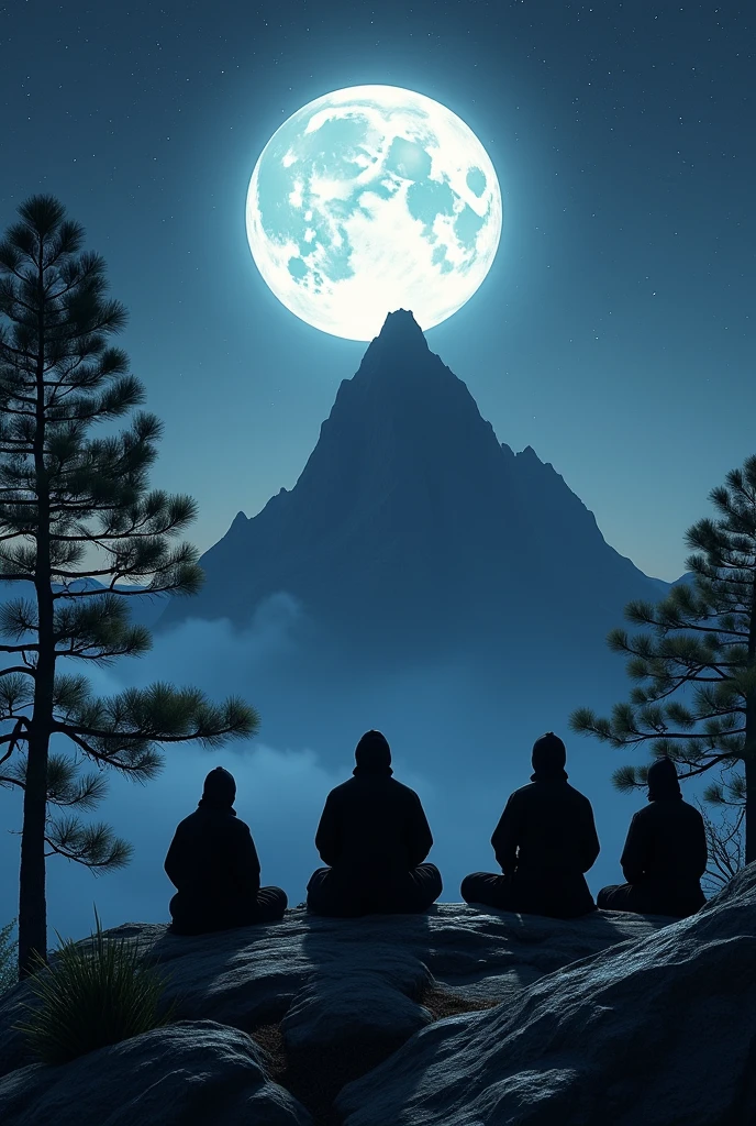Japanese ninja meditating with other ninjas, on a mountain at night, while in the background there are other ninjas training with fighting