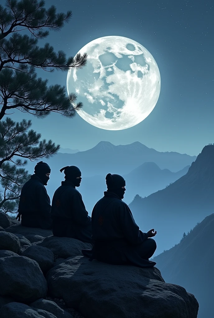 Japanese ninja meditating with other ninjas, on a mountain at night, while in the background there are other ninjas training with fighting
