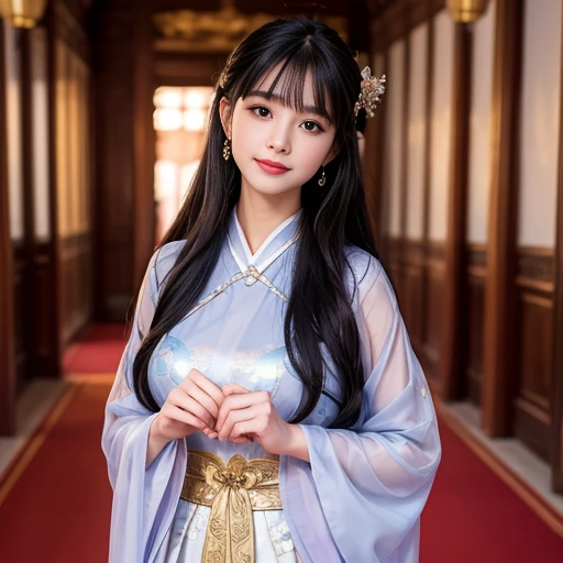 best quality, Delicate face，beautiful visual work, lifelike, eternity, black hair, Long curly hair, blunt bangs, Smile, Detailed Background, Delicate face，blush，cold，((masterpiece))、(top quality)、8k、high detail、Super detailed，31 years old female，Wearing Tang Dynasty Hanfu、waist skirt, Clothes are light and fluffy，Hanfu, wide sleeves, Transparent sleeves, Tunic, Clothes made of chiffon, Seductive and whimsical style、masterpiece、born、Scenes resembling fairy tale illustrations、Intricate details and complex designs、Beautifully、magic、capricious、 Beautifully、Dream aesthetics、「𝓡𝓸𝓶𝓪𝓷𝓽𝓲𝓬、ethereal、charming、fickle、magic」、Realism、Visual effects、FXAA、SSAO、Shaders、voiceless、ambient lighting、Tone mapping、High resolution、Ultra high quality、Million pixels、(8K resolution:1.10)、8k、Below 8K、8K resolution、high detail、intricate details， (high quality:1.2、masterpiece:1.2、:1.21)、(31 years old female:1.21)、(Smile excitedly)、(full-body shot，Normal 2 feet，Put your hands behind you，The protrusion of the breast is visible when wearing clothes, Large Breasts, H cup chest, antiquity, Xian Xia, gauze clothes, Soft and fluttering, Fairy, dream, fantasy, light, elegant, nature, Immortal, romantic, classical, ribbon, light purple clothes, In the Forbidden City corridor，Palace corridor,imperial palace,Palace corridor