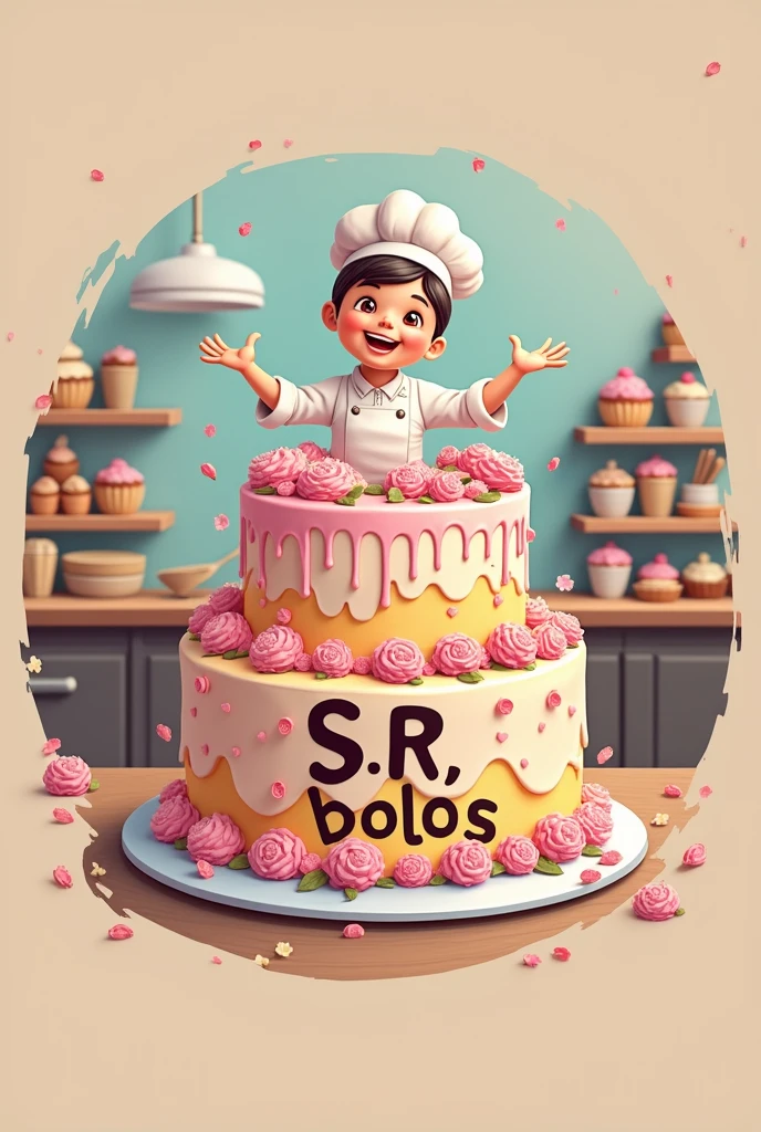 create a realistic logo for a bakery. The logo should feature a head chef holding a decorated cake.. e should have the name "S R Bolos" In Portuguese.
