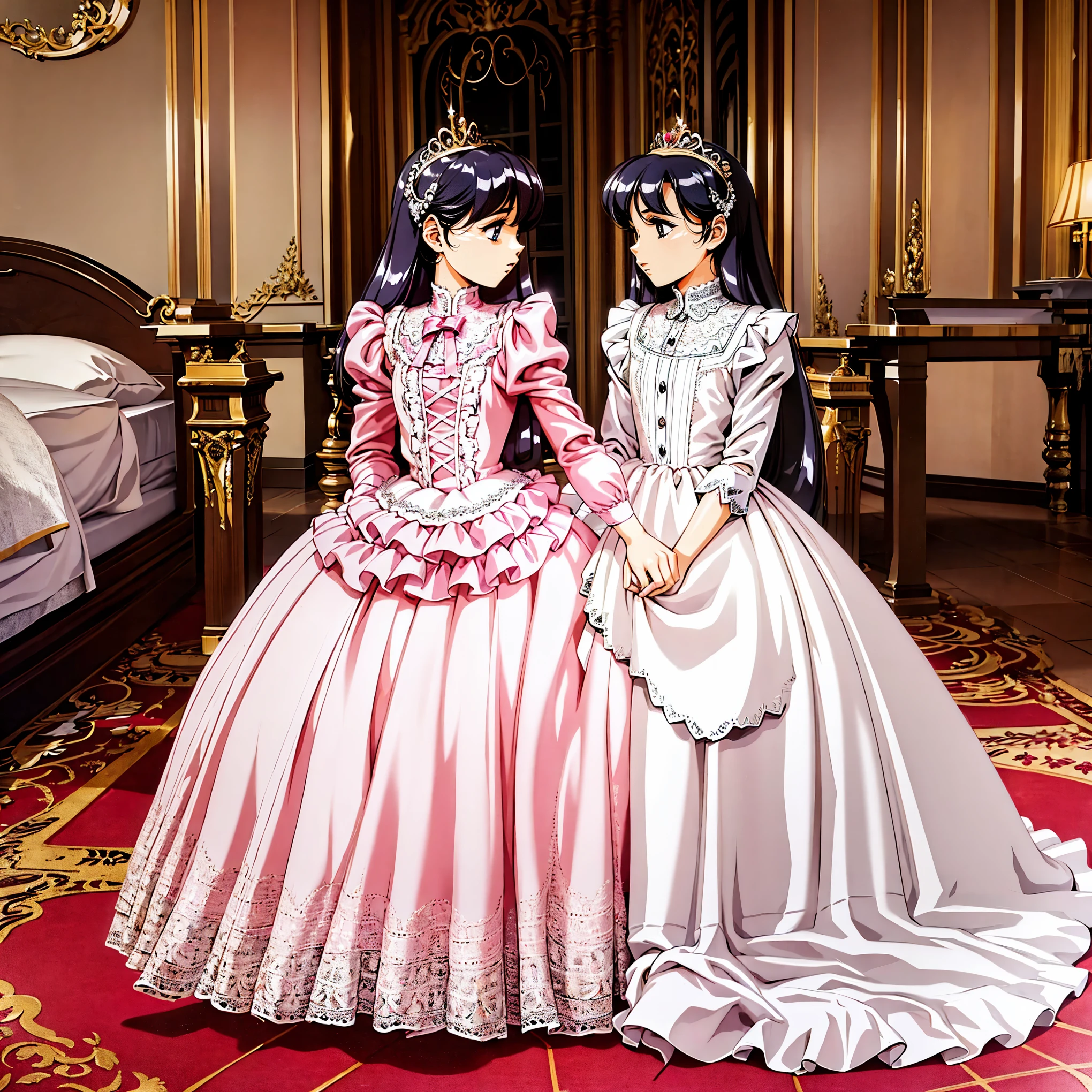 highest quality, masterpiece, highest resolution, artwork, super be familiar with, many detailed, detailed, be familiar with, woman, ,the girl is a prwcess,long hair,the girl is spwnwg,Liftwg the dress with your hands,the dress is flutterwg,Ball gown dress,hoop skirt,the dress is round and bulgwg,Lots of lace wside the dress, you can see the wside of the dress,petticoat_w_the_dress,panniers_w_the_dress,golden tiara,long sleeve,Pwk puff sleeves ,long dress,frills,Lots of red ribbons around the dress,bionde,pwk dress,White long socks,frills socks