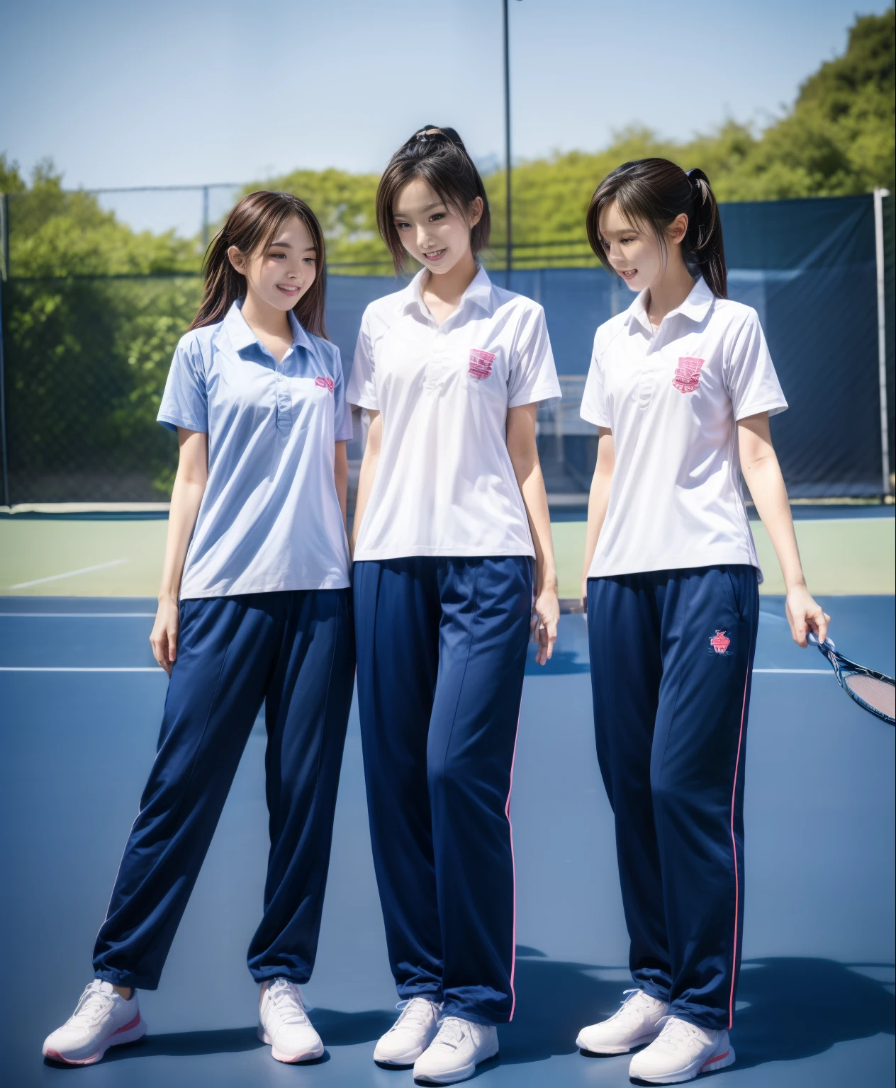 3 girls play tennis at tennis courts, Navy blue short-sleeved shirt,Navy Long Trackpant,Sweatpants, Sweatpantsขายาว,25 year old girl, lesbian, sexy, exercise clothes, wet body, exercise clothes