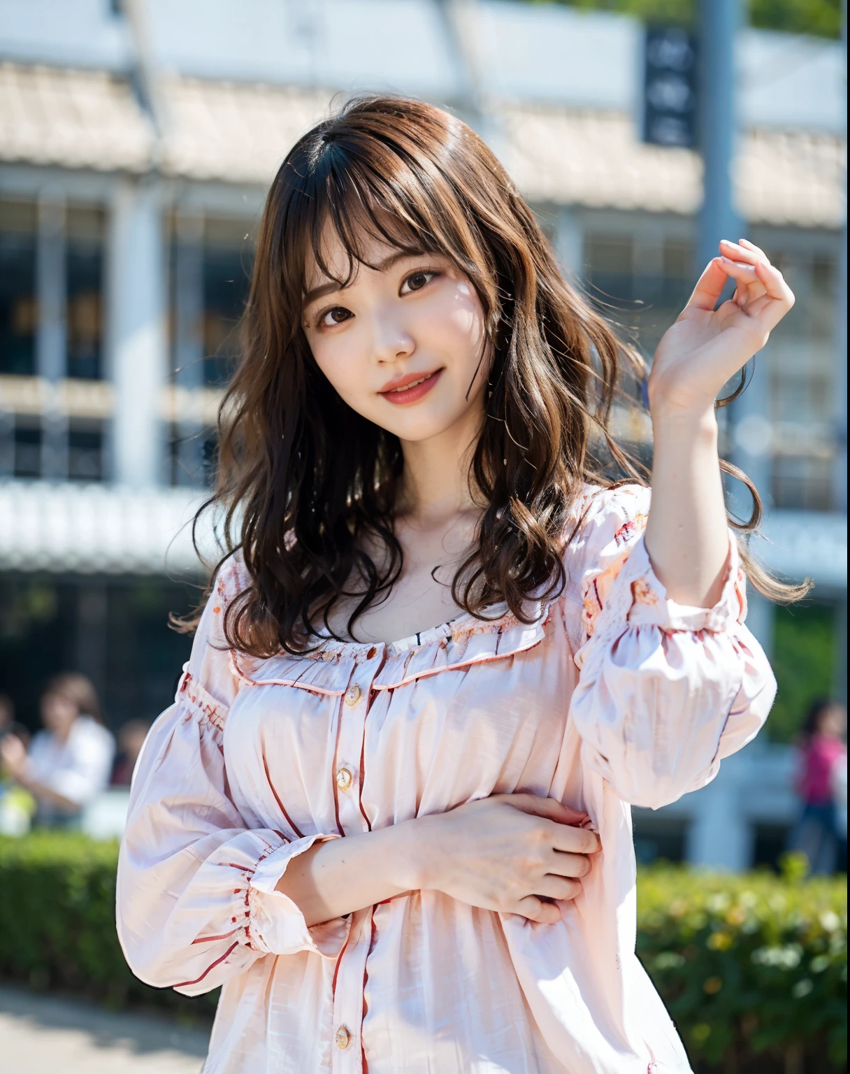 best quality, 1girl, (skindentation), (large breast), (day), bright, blur background, outdoor, (street:0.6), (people, crowds:1), (wavy hair:1.5), (blouse:1.5), gorgeous, (floating hair:1.5), (dynamic pose:0.8), soft lighting, wind, garden,