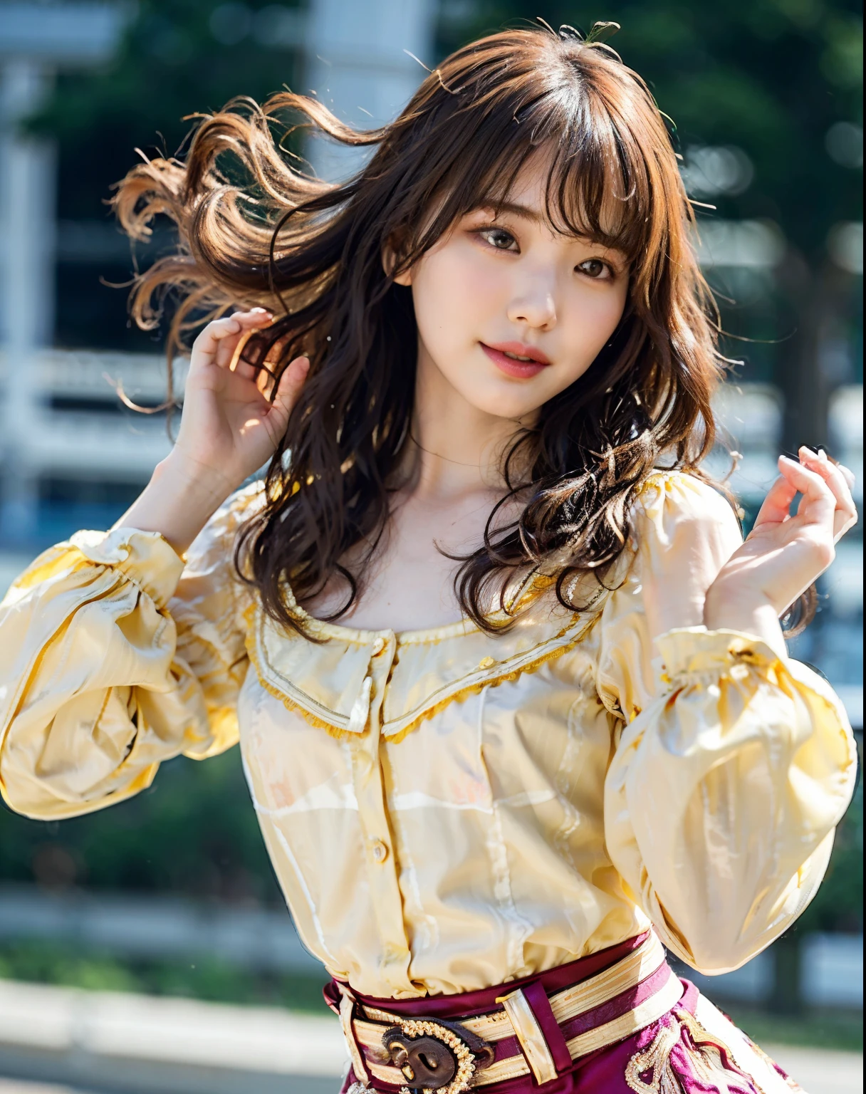 best quality, 1girl, (skindentation), (large breast), (day),  bright, blur background, outdoor, (street:0.6), (people, crowds:1), (wavy hair:1.5), (blouse:1.5), gorgeous, (floating hair:1.5), (dynamic pose:0.8), soft lighting, wind,  garden,