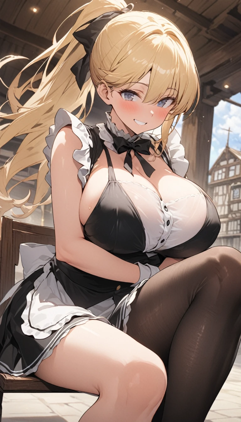 One Woman、beautiful girl、maid、20-year-old、blonde、ponytail、Western-style building、maidの、Calm look、Drooping eyes、柔らかなsmile、A motherly expression、、頭にmaidカチューシャ、Short skirt、Black Pantyhose、Ultra-high definition image quality、Highest quality, smile,Big Breasts、Very large breasts、Sit on a chair、Crossing your legs、Sit with your legs apart、Poses that accentuate the chest、Squint your eyes and smile、Breast augmentation、Lean forward