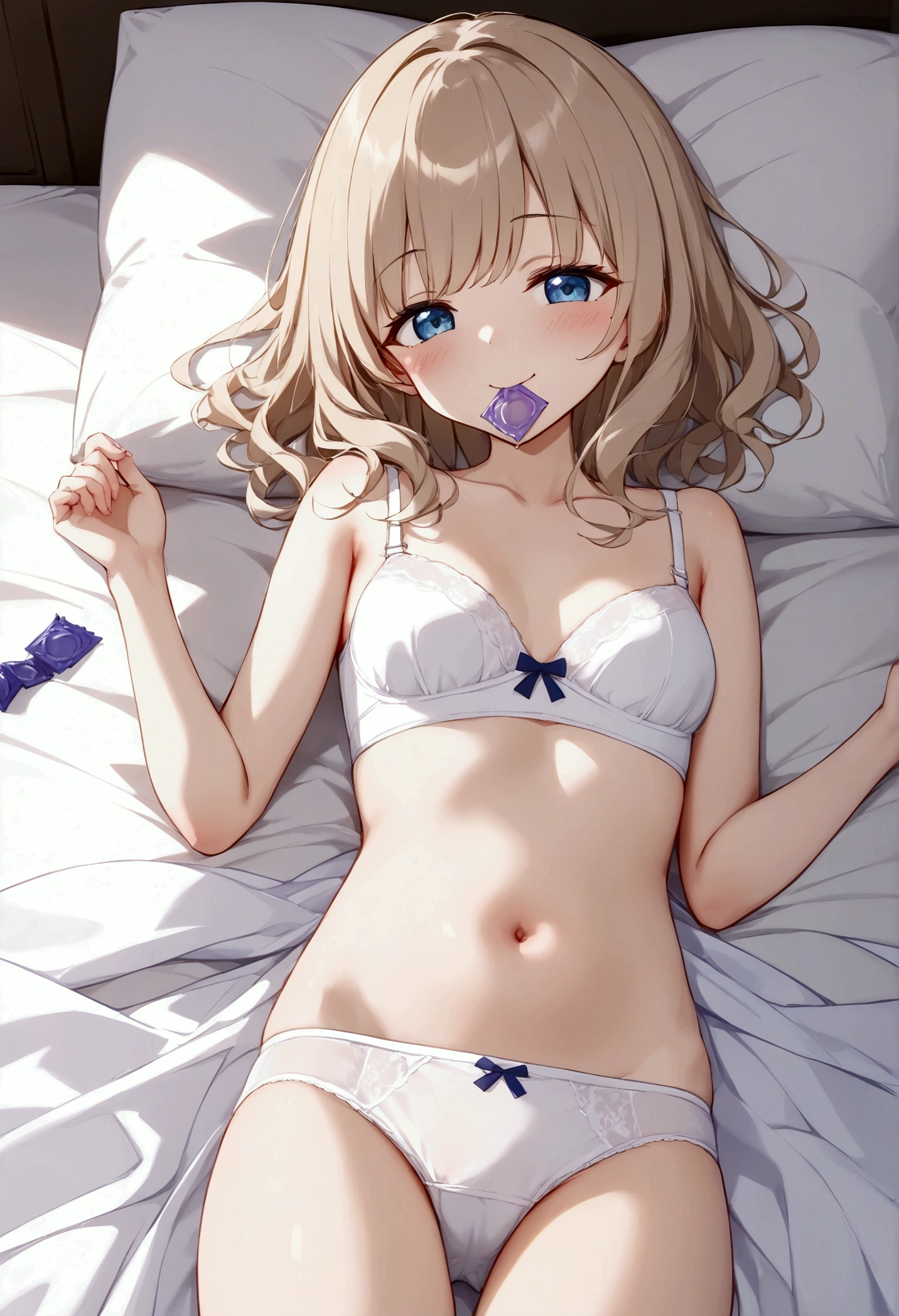 Highest quality, High resolution, masterpiece:1.2, Very detailed, woman1people、cute、Small breasts、Beige hair、Very young、bed、Straight medium hair、((White panties))、((White bra))、Close your mouth、smile、((condom))、Thigh