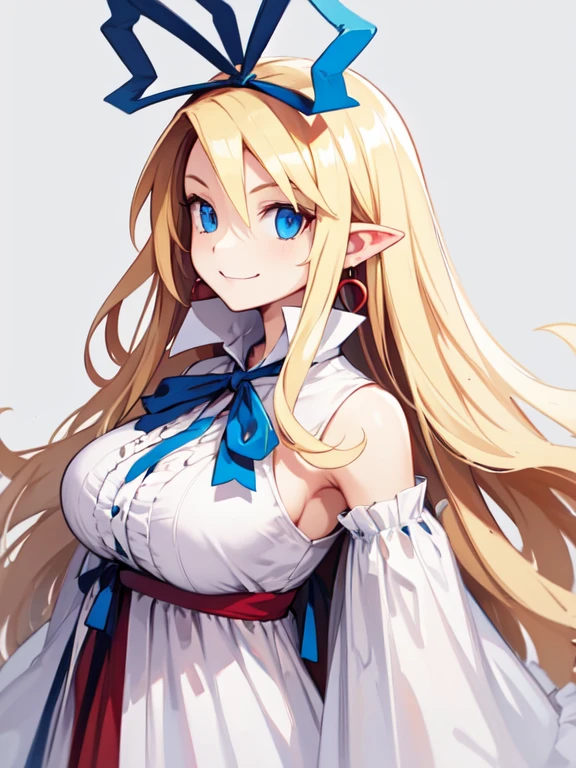 flonne \(angel\), long hair, large breasts, pointy ears, earrings, arrogant face, evil smile. smirk, breast focus, blue ribbon, blue eyes