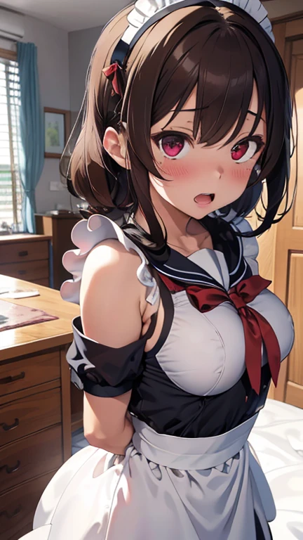 (8K、Highest quality、highest quality、masterpiece)、Detailed face、One girl、 Black Hair、short hair、、blunt bangs、Grey Eyes、evil smile、((Grin))、((黒いMaid服))、((Mini skirt with holes))、Cowboy Shot、((bent over))、Coffee shop、Very large breasts、cheeks are bright red、Blushing、in trouble、White nurse uniform、Maid、Cleavage、Nipples are visible、Breasts on tray、Black knee-high socks、Thighs、Absolute area