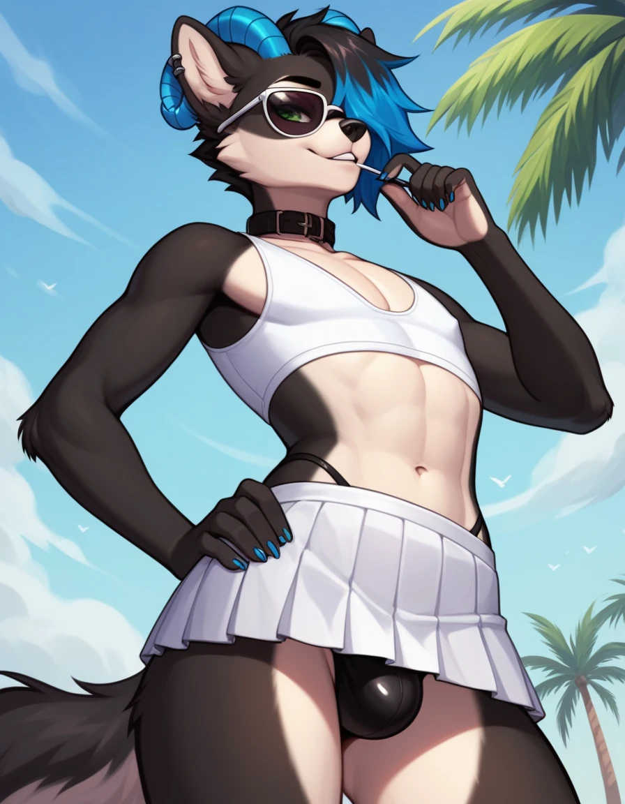 Solo, An Anthro furry wolf girl,, black furry body, black ear tips, long black hair with blue tips on hair, bulge, blue highlights in hair, green eyes, black collar, black furry body, feminine, (blue curled horns), black fur, dark grey furry body, good anatomy, ((two-tone-body)), fluffy tail, hair to the side, hair covering one eye, wearing white mini skirt, white shirt tied up, visible black thong, hand on hip, sunglasses, outdoors, sunny day, low angle shot, looking away, majestic, at the beach