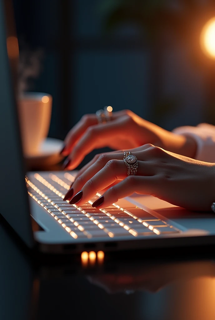 (canon 50),(Rendered by Octane),8k,, cinematic brilliance, FEMALE HANDS, close-up in the hands, The left hand has a diamond ring and the left hand has two rings. She is typing on a computer keyboard with backlit keys. There's a cup of coffee near the keyboard.  The photo is being taken from right to left.