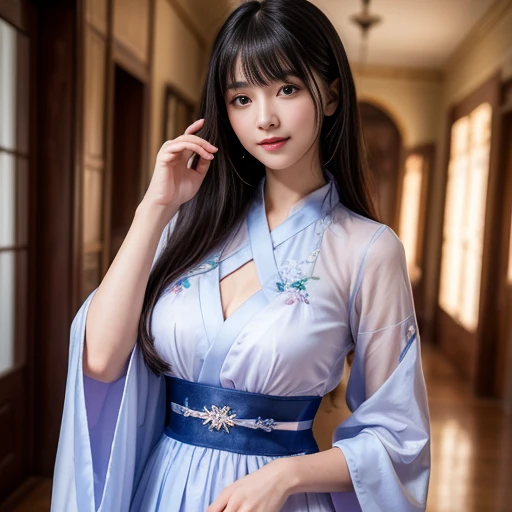 best quality, Delicate face，beautiful visual work, lifelike, eternity, black hair, Long curly hair, blunt bangs, Smile, Detailed Background, Delicate face，blush，cold，((masterpiece))、(top quality)、8k、high detail、Super detailed，31 years old female，Wearing Tang Dynasty Hanfu、waist skirt, Clothes are light and fluffy，Hanfu, wide sleeves, Transparent sleeves, Tunic, Clothes made of chiffon, Seductive and whimsical style、masterpiece、born、Scenes resembling fairy tale illustrations、Intricate details and complex designs、Beautifully、magic、capricious、 Beautifully、Dream aesthetics、「𝓡𝓸𝓶𝓪𝓷𝓽𝓲𝓬、ethereal、charming、fickle、magic」、Realism、Visual effects、FXAA、SSAO、Shaders、voiceless、ambient lighting、Tone mapping、High resolution、Ultra high quality、Million pixels、(8K resolution:1.10)、8k、Below 8K、8K resolution、high detail、intricate details， (high quality:1.2、masterpiece:1.2、:1.21)、(31 years old female:1.21)、(Smile excitedly)、(full-body shot，Normal 2 feet，Put your hands behind you，The protrusion of the breast is visible when wearing clothes, Large Breasts, H cup chest, antiquity, Xian Xia, gauze clothes, Soft and fluttering, Fairy, dream, fantasy, light, elegant, nature, Immortal, romantic, classical, ribbon, light purple clothes, In the Forbidden City corridor，Palace corridor,imperial palace,Palace corridor