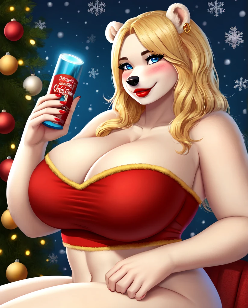 Blonde polar bear woman, wearing a Christmas tube top, perfect face, blue eyes, big breasts, cleavage, three-quarter view, solo, smile, perfect detailed body, red lipstick, gold earrings, blushing