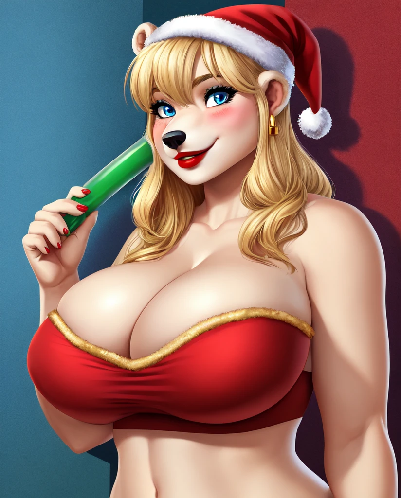 Blonde polar bear woman, wearing a Christmas tube top, perfect face, blue eyes, big breasts, cleavage, three-quarter view, solo, smile, perfect detailed body, red lipstick, gold earrings, blushing