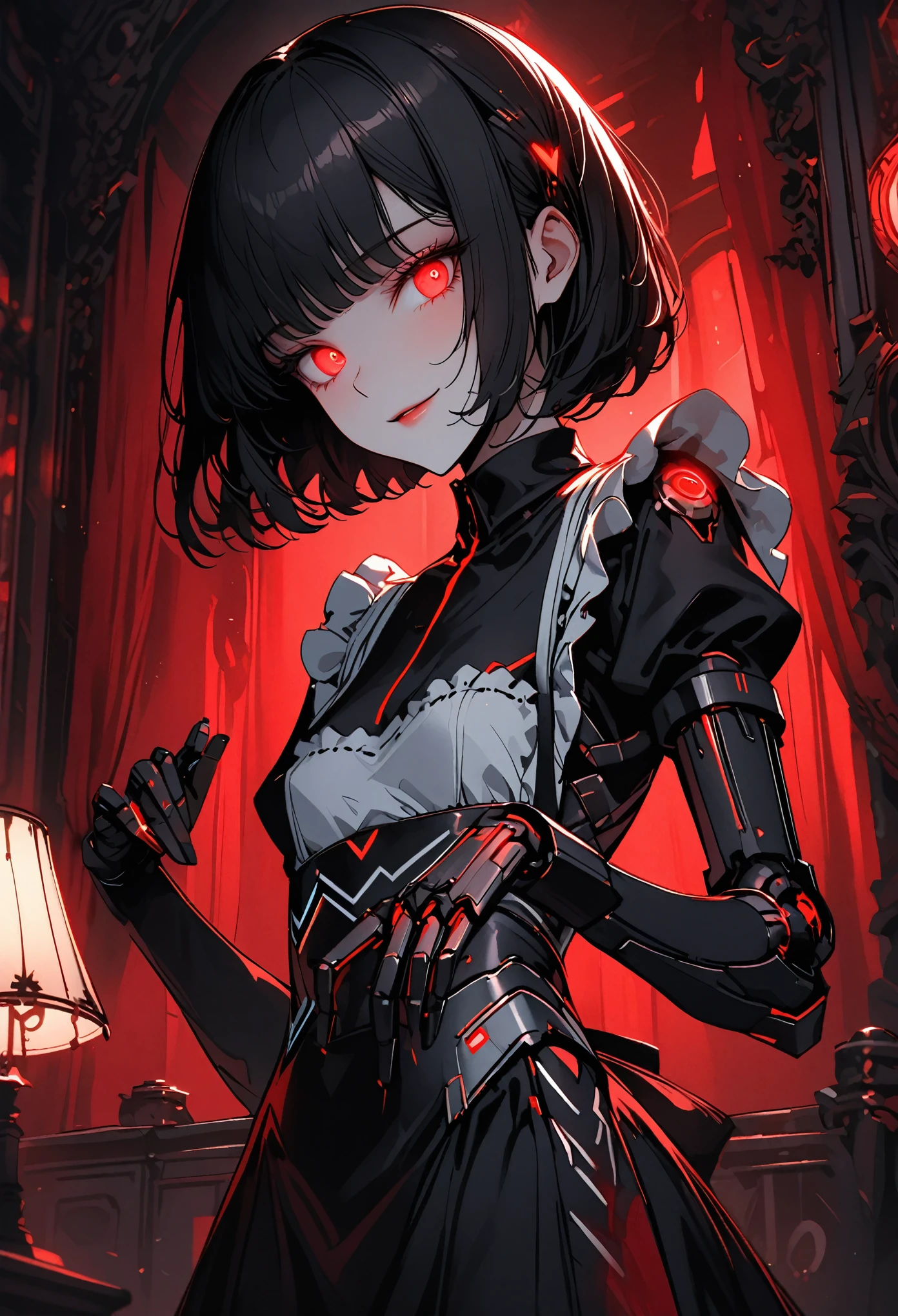 solo, female, close up, lithe, small breasts, bob cut hair, clockwork robot maid, elegant, mansion, maid gesture, gentle smile, maid, robot joints, black hair, slightly glowing eyes, lamp, warm, red curtain, professional, tiny waist, feminine, round ass, flirty