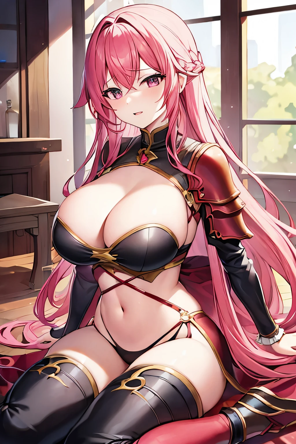 1 person、Pink Hair、Long Hair、Fantasy、Red and black clothes、Belly button、slit、pants、Noble、Knight Commander、breastplate、Aggressive Design、Bigger breasts、((sexual excitement))、lure、Melting expression、indoor