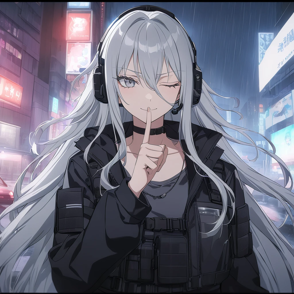sovetsky_Soyuz, grey hair, long hair, tactical headset, choker, dog tag necklace, tactical, pouches, webbed belt, black tactical jacket, grey eyes, sharp eyes, Long eyelashes, eye shadow, ominous vibe, police operations background, night city, rain, police lights, cars, shadows, smoke, expressionless, smug, smirking, symmetrical eyes, Ultra quality, UHD, high detail, anime aesthetic, Anime screenshot, Ultra quality, UHD, high detail. Finger over lips, shushing, one eye closed, face shot, facing camera