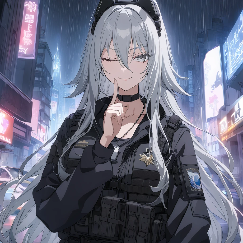 sovetsky_Soyuz, grey hair, long hair, tactical headset, choker, dog tag necklace, tactical, pouches, webbed belt, black tactical jacket, grey eyes, sharp eyes, Long eyelashes, eye shadow, ominous vibe, police operations background, night city, rain, police lights, cars, shadows, smoke, expressionless, smug, smirking, symmetrical eyes, Ultra quality, UHD, high detail, anime aesthetic, Anime screenshot, Ultra quality, UHD, high detail. Finger over lips, shushing, one eye closed, face shot, facing camera