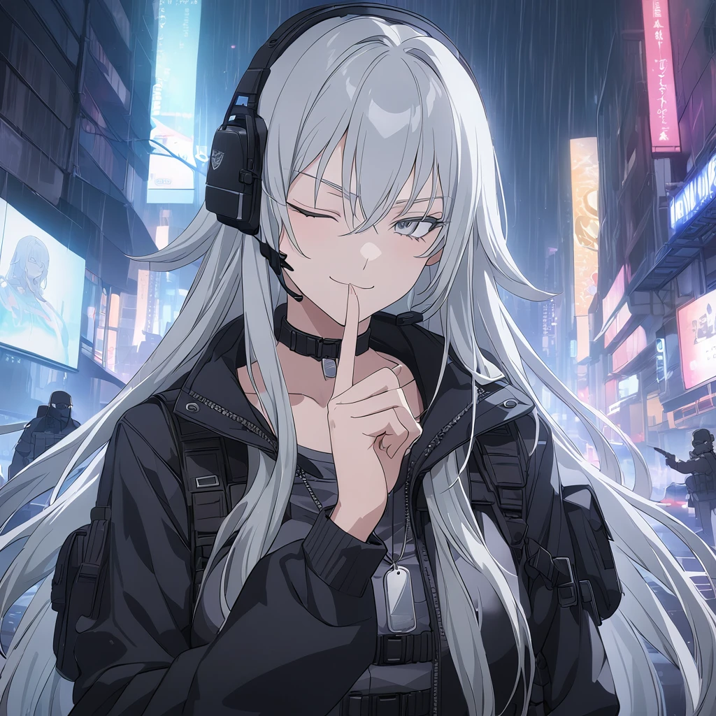 sovetsky_Soyuz, grey hair, long hair, tactical headset, choker, dog tag necklace, tactical, pouches, webbed belt, black tactical jacket, grey eyes, sharp eyes, Long eyelashes, eye shadow, ominous vibe, police operations background, night city, rain, police lights, cars, shadows, smoke, expressionless, smug, smirking, symmetrical eyes, Ultra quality, UHD, high detail, anime aesthetic, Anime screenshot, Ultra quality, UHD, high detail. Finger over lips, shushing, one eye closed, face shot, facing camera